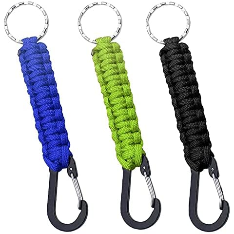 XPOOP 3 Pcs Braided Rope Keychain, Keychain with Carabiner Clip and Key Ring, Lanyard Keychain with D-Ring Hook, Suitable for Outdoor, Hiking, Camping (Blue, Black, Green), 15x2.5cm Cover