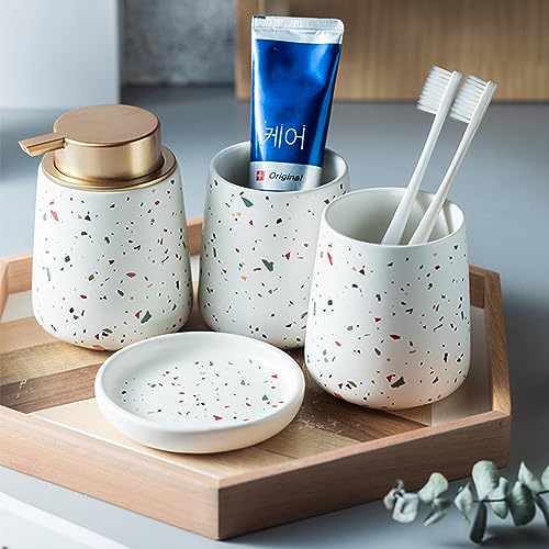Juego de dispensador de jabón de cerámica blanca, accesorios de baño con soporte para cepillo de dientes, jabonera y taza, perfecto para apartamentos y hoteles, diseño elegante y duradero