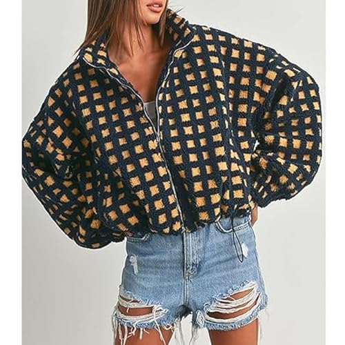 Women’s Knit Zip - Up Long Sleeve Sherpa Fleece Plaid Cropped Jacket Chunky Teddy Fleece Warm Winter Coats Outwear4