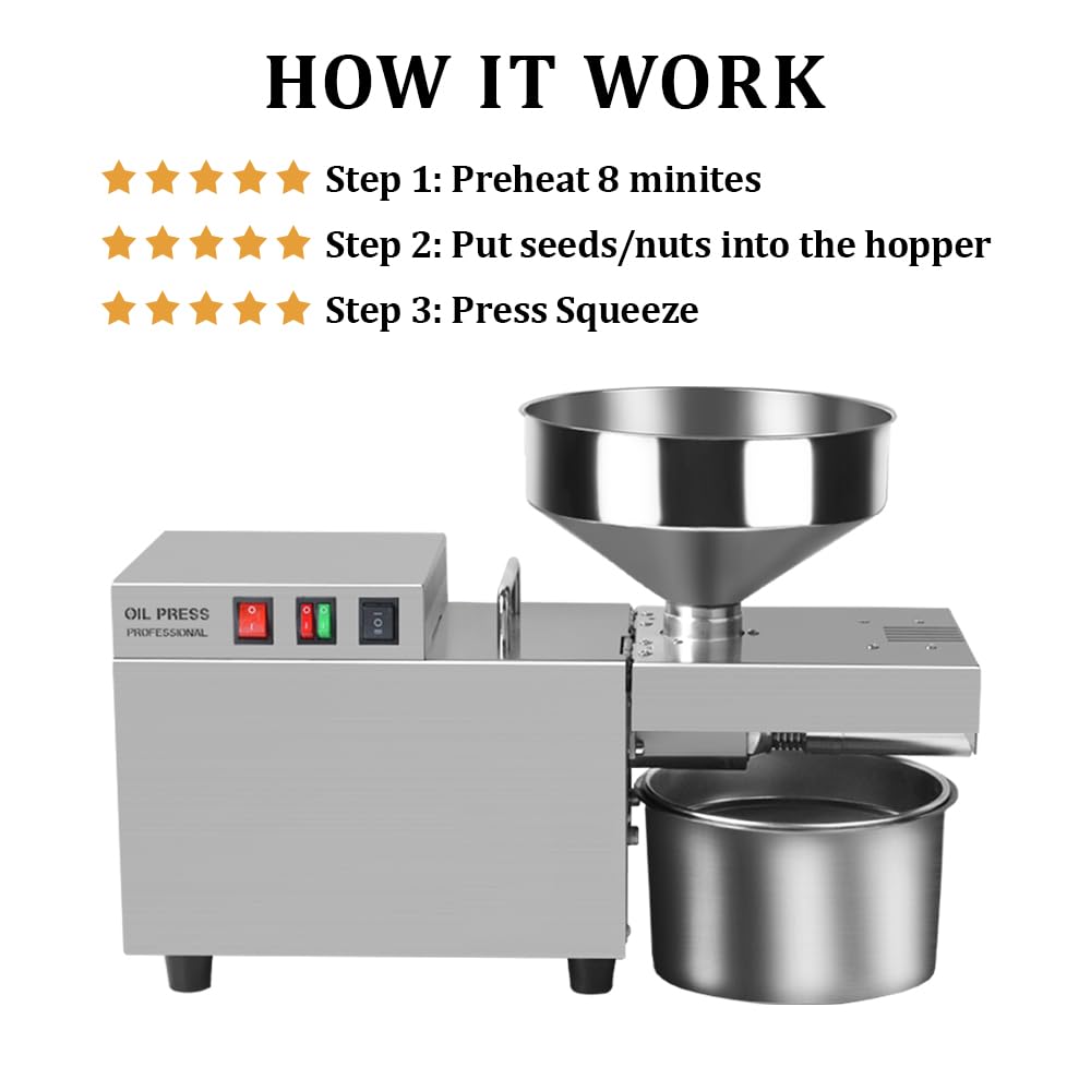 YUEWO Kitchen Oil Press Machine Electric Automatic Oil Press Extractor Organic Oil Expeller for Coconut Flax Peanut Castor Perilla Seed Canola Cocoa Beans Sesame Commercial Grade 2000W
