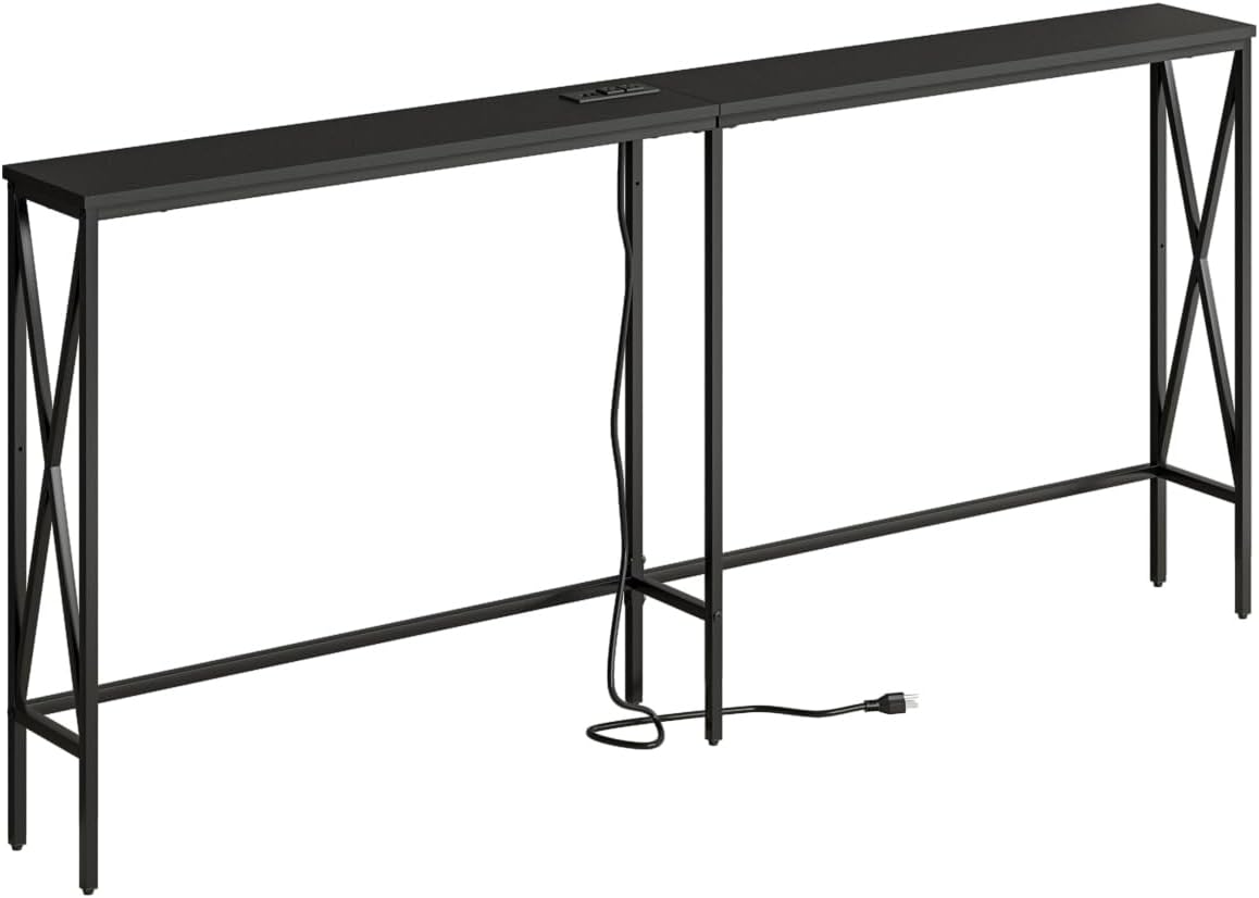 Masupu 70.9" Console Table with Power Outlet, Modern Narrow Long Sofa Table Behind Couch, Skinny Entry Table, Industrial Sofa Table with Metal Frame for Hallway, Living Room, Classic Black 8" W x 70.9" L x 31.7" H Classic Black-outlet
