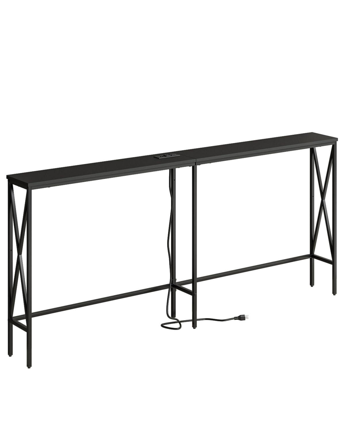 Masupu 70.9" Console Table with Power Outlet, Modern Narrow Long Sofa Table Behind Couch, Skinny Entry Table, Industrial Sofa Table with Metal Frame for Hallway, Living Room, Classic Black