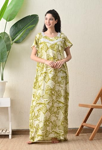 Image of Ichaa Women's Rayon Printed Round-Neck Nighty with Pocket, in Plus Sizes