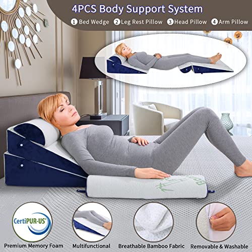 Wdbbyl 4Pcs Adjustable Bed Wedge Pillow Sleeping Support Set 100% Memory Foam For Post Suregery Recovery, Back Neck Leg Pain Relief,Acid Reflux And Gerd,Sitting Reading Light Green Cover #TOP1