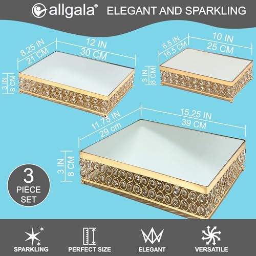 Image of Allgala Wedding Cake Stands 3-Piece Set Crystal Gold Plated Cheese Dessert Cupcake Cake Stand with Mirror Plate-Gold Rectangle-HD89203
