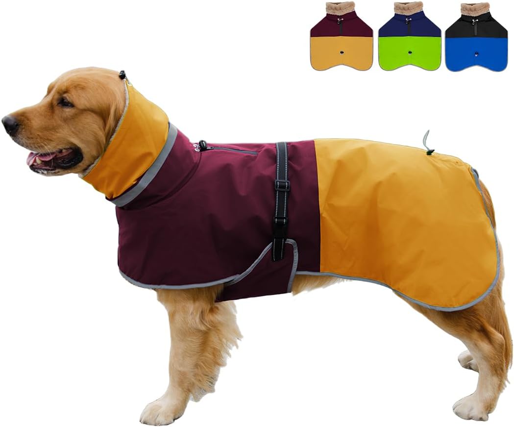 Waterproof Dog Winter Coat, Reflective Turtleneck Fleece Jacket with Snow Protection for Large Dogs, Cold Weather Pet Clothing (Yellow, XL)