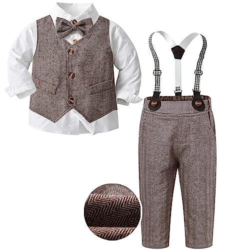 Image of SANGTREE Boys' Formal Suits Sets Gentleman Outfits, Vest + Suspender Pants + Shirt + Bow Tie & Scarf, 3 Months - 14 Years