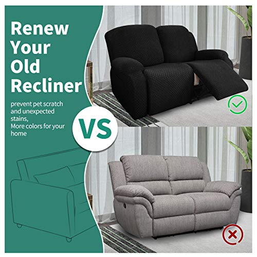 Image of YEMYHOM 6 Pieces Stretch Loveseat Recliner Slipcover Jacquard Recliner Sofa Cover with Side Pocket Fitted Recliner Cover Couch Furniture Protector with Elastic Bottom (Loveseat Recliner, Black)