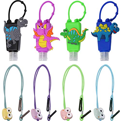 KINIA 8 PACK 4 Dinosaur Empty Hand Sanitizer Refillable Containers Holder, 4 x 1 fl oz Flip Cap Plastic Empty Bottles + 4 Lanyards (4+4 - Variety Pack DINOSAUR)