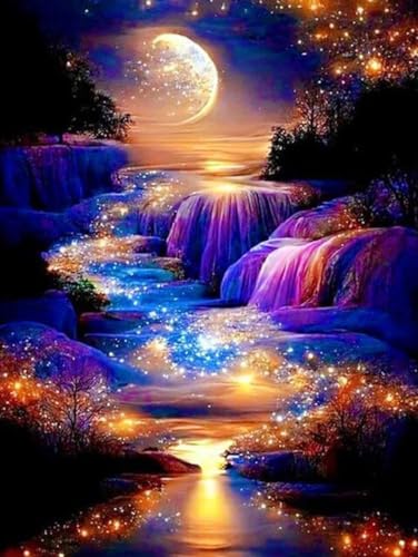 Wusarply J054 Moonlight Waterfall Stamped Cross Stitch Kits - Nature Landscape Starry Scenery Needlepoint Counted Cross Stitch Kits For Beginners Adults Patterns Dimensions Embroidery Kits Arts And Crafts cover