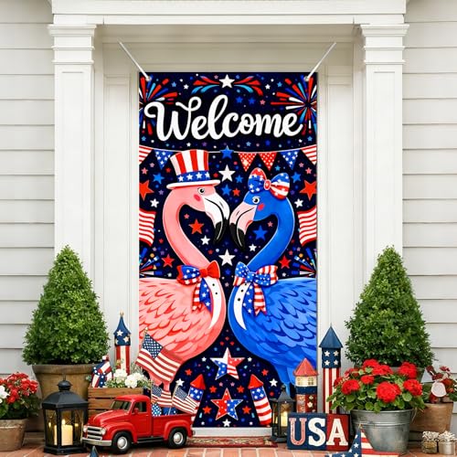Image of BlissYard Welcome Patriotic Flamingo Door Cover 71x35 Inch 4th of July Front Door Cover Decoration Red White Blue Flamingo Door Banner Independence Day Porch Door Cover July 4th Door Decorations