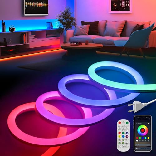 KSIBNW Ruban LED Neon RGBIC 20m, Exterieur Bande avec Télécommande & APP IP65 Étanche Flexible Lumière Décorative Multicolore Synchronisation de la...