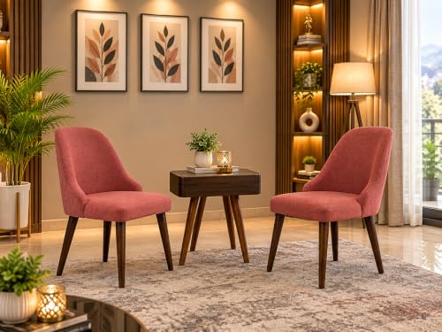 Image of DaneWood Wooden Upholstered Dining Chair Set of 2 | Accent Chair for Living /Drawing Room, Bedroom & Office | Upholstery Barrel Arm Chair with Velvet Fabric, Sheesham Wood Legs, Rose Dust, Height 37.5 inch
