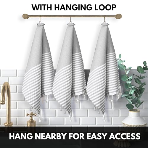 Image of Turkish Kitchen Towels 18x26 Inches with Tassels - 4 Pack - Ultra Absorbent, Durable, Soft 100% Cotton Dish Towels for Drying & Cleaning - Machine Washable, Quick-Dry - Melange Grey