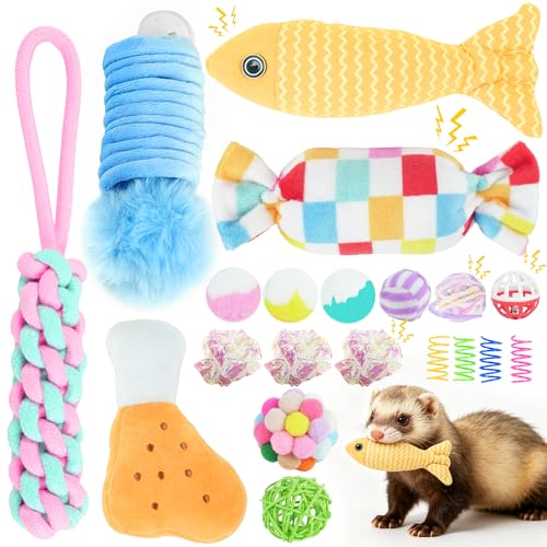 JARJARPLG 20 Pack Ferret Pet Chew Toys & Accessories Bell Balls Squeaky Teething Toys & Plush Sound Toys for Interactive Play for Ferrets Cats Dogs & Small Animals