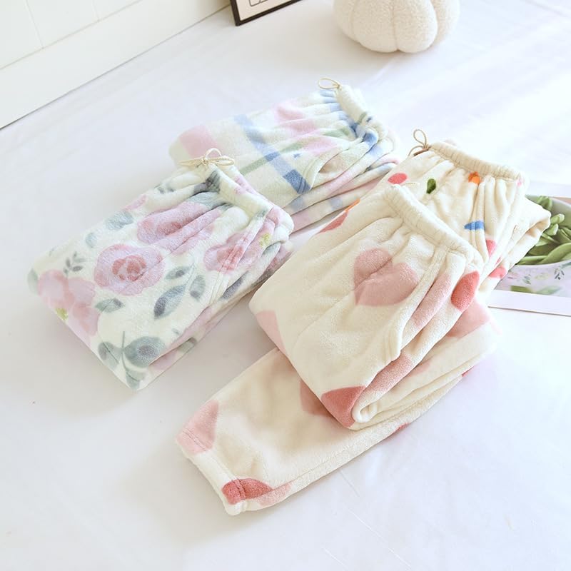 Womens Fuzzy Pajama Pants Cute Heart Sleep Lounge Bottoms Comfy Soft Long Pj Pants with Pockets - Image 3
