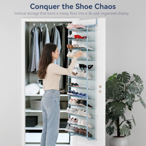 Image of Whitmor 36 Pair Over the Door Shoe Rack,12 Tier Hanging Shoe Organizer with Metal Frame & Mesh shelves, Heavy Duty Shoe Storage Holder for Door,No Drill Installation, 74 inch H x 21.7 inch W x 7.5 inch D, Blue