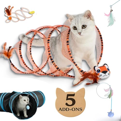 LOOPY CAT Toy Box 5 Interactive Indoor Cat Toys with Spiral Tunnel 3-Way Mesh Tunnel Feather Wand Ribbon Teaser & Suction Cup for Active Cats