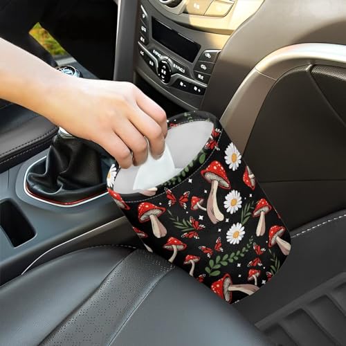 Image of Car Trash Garbage Can Mushroom Daisy Leaves Print Reusable Portable Car Garbage Bin Easy to Clean Collapsible Waste Multipurpose Bin Car Accessories Interior