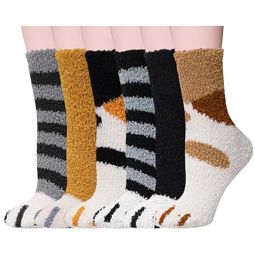 3-6 Pairs Womens Fuzzy Socks Cozy Fluffy Slipper Socks Cute Soft Cat Animal Winter Warm Sleep Socks Gifts