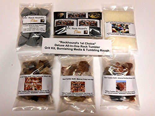 Rockhound's 1st Choice Rock Tumbler All-in-One Deluxe Refill Grit Kit, burnishing Media & Tumbling Rough. -Use in Thumlers, Lortone ,Chicago & All Other tumblers.