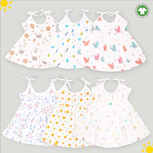 Image of Kidbea Extra Soft Muslin Cotton Frock Cloth for Baby Girl | Packof 6 | Mickey, Tiger, Space, Rainbow, Butterfly and Cute Chick Print Pack of 6 for 0 to 3 Months