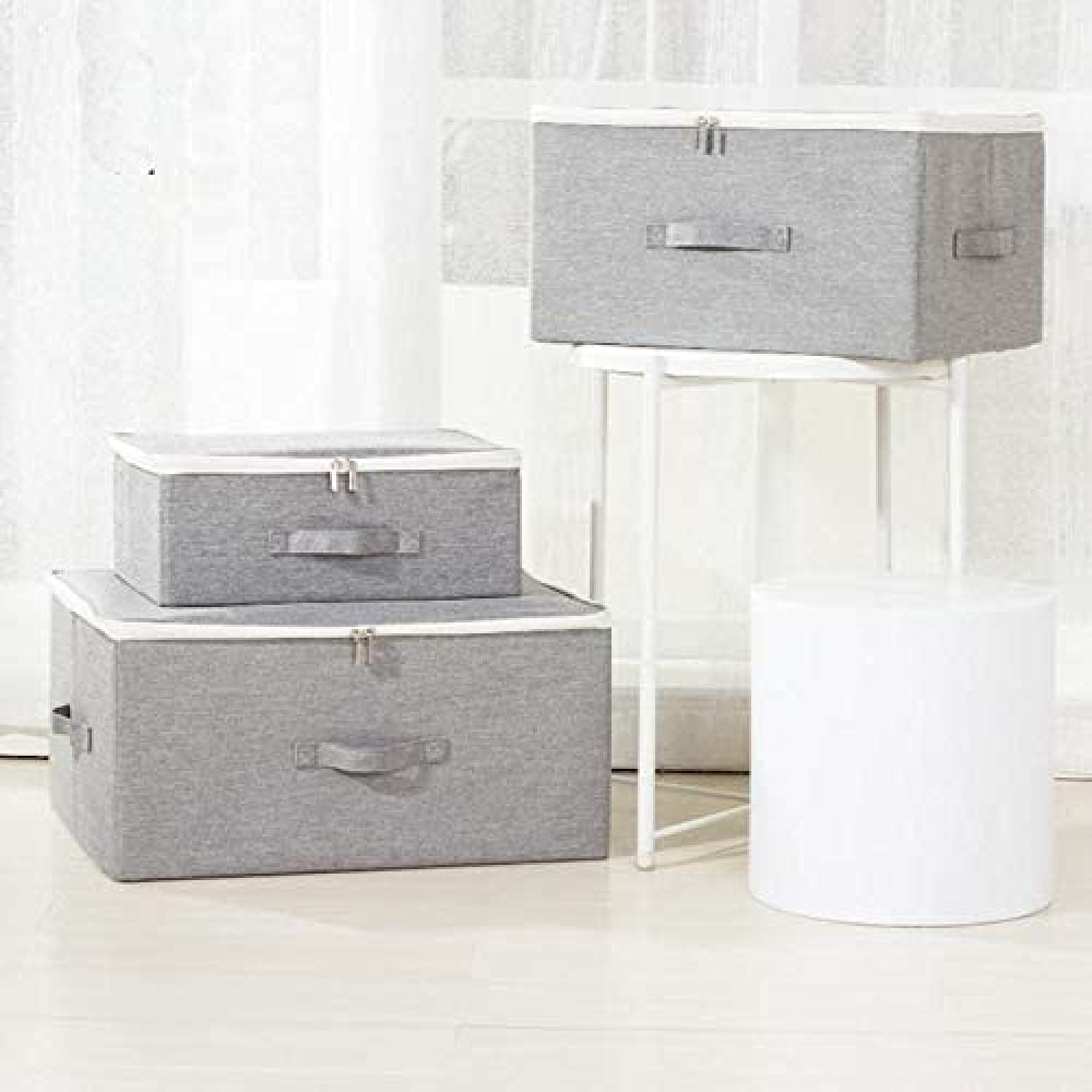 Collapsible Storage Box with Zips,Cotton Linen Storage Bin,Clothes Storage Box,Large Duvet Storage Containers for Home Bed Wardrobe-Beige||S