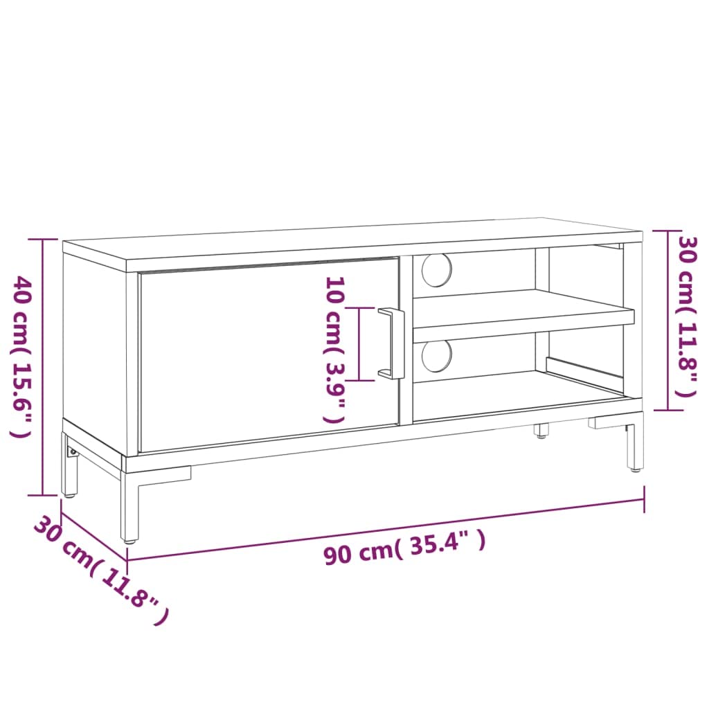 Mobile TV marrone, 90 x 30 x 40 cm, in legno di pino massiccio, design industriale, con anta e 3 scomparti, per soggiorno e camera da letto