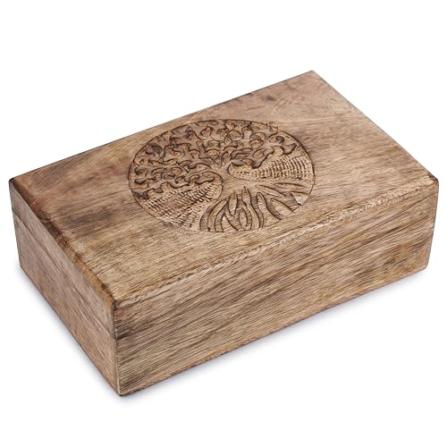 Ajuny Boîte décorative, en bois, faite à la main, avec des sculptures d'arbres au centre, marron, usage multiple comme rangement de bijoux, boîte à montres, excellent cadeau, 20,32 x 12,7 cm