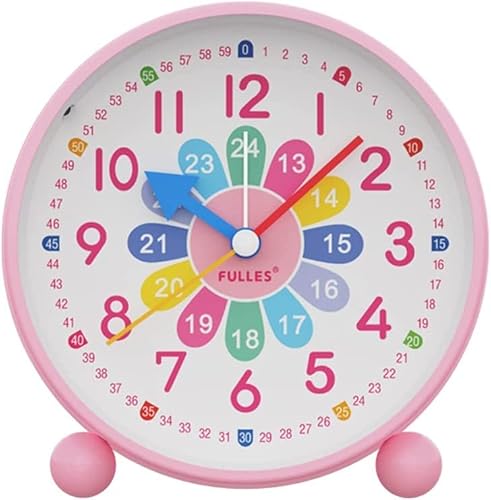目覚まし時計 知育時計 置き時計 学習時計 アナログ時計 24時間表示 補助数字付き 静音 用 生徒用 目覚まし時計として使用できます 常夜灯付き 時計を読む練習と時間の学習に便利 直径約11cm (ピンク)