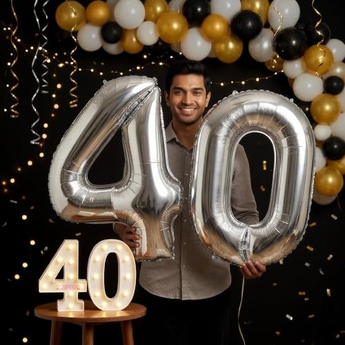 Image of Balloonistics Silver 40-Inch Foil Number 40 Balloon with Matching LED Marquee Light - Combo Set for 40th Birthday, Anniversary, Party Decoration, Photo Booth Backdrop