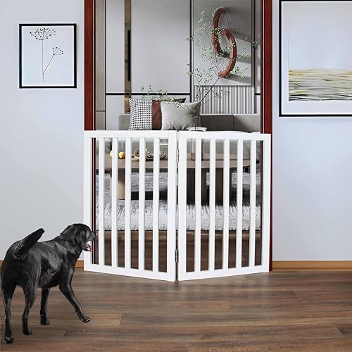 Image of Belief Foldable Wooden Pet Gate for Dogs & Cats - Indoor Safety Barrier for Doorways, Hallways & Stairs | Free-Standing, Portable White Dog Fence - 3 Panel, 60 cm Height (【2 Panels 】 39''W x 30''H)
