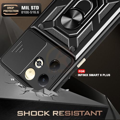 Image of Armor Bumper Back Cover Case for Infinix Smart 8 Plus Rotating Camera Cover, Ring Holder & Kickstand | Heavy Duty & 360 Degree Protection Infinix Smart 8 Plus Back Cover (Black)