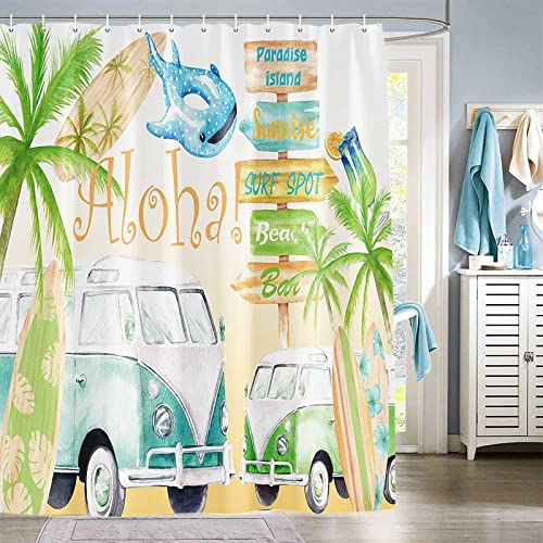 Shocur Summer Beach Shower Curtain, Funny Camper Travel Trailer Surfboard And Tropical Palm Tree, 72 X 72 Inches Polyester Fabric Bathroom Decor Set With 12 Hooks #TOP1