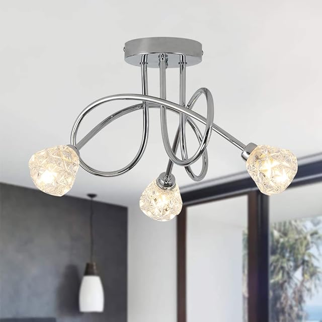 Aufworld Ceiling Light Fitting 3Way Glass Shade Spotlight Elegant Curved Arm Semi Flush Mount Silver Chrome Lamp for Living Room Kitchen (G9 Bulbs Not Included)