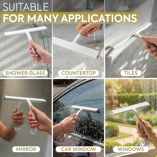 Image of GUTEWERK Shower Squeegee for Glass Doors - Bathroom Squeegee for Shower Glass & Tile Walls, Streak-Free & No-Squeak Silicone Blade, Stainless Steel Core, Hang Hook + Suction Cup, White, 10 Inch