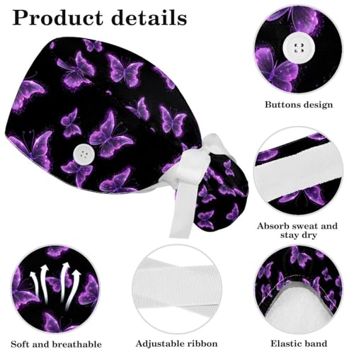 Image of Butterfly Scrub Cap Women with Ponytail & Buttons Adjustable Surgical Nurse Hat with Cotton Sweatband for Long Hair
