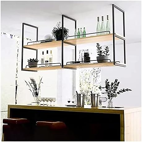 Hanging Wine Glass Rack Ceiling Mount Shelf Industrial Ceiling Mount Shelf Hanging Floating Shelf, 2 Layer Metal Floating Shelves for Wall Bookshelf, Rustic Garage Storage Rack Wood Shelves (Color :