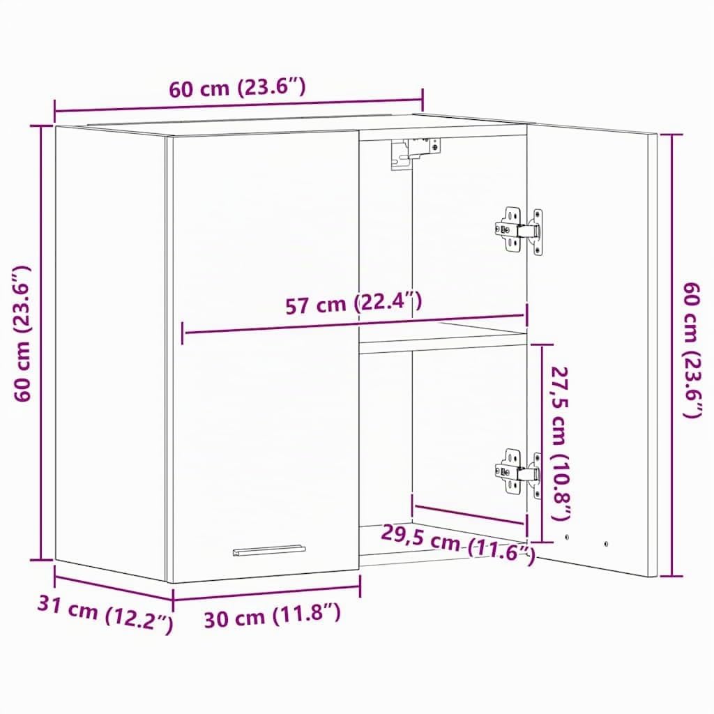 vidaXL Hängeschrank Lyon, 60x31x60 cm, Weiß, Holzwerkstoff, Wandregal, Bad- & Küchenaufbewahrung, Max. Traglast 60 kg