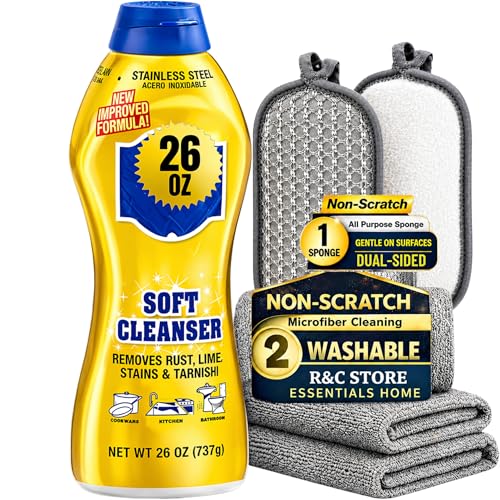 R&C Store Essentials Home Cleaning Bundle Kit includes Multi-Purpose Soft Cleanser 26 oz + 2 Microfiber Cloths and 1 Non-Scratch Scrub Sponge Kitchen & Bathroom Cleaning Set