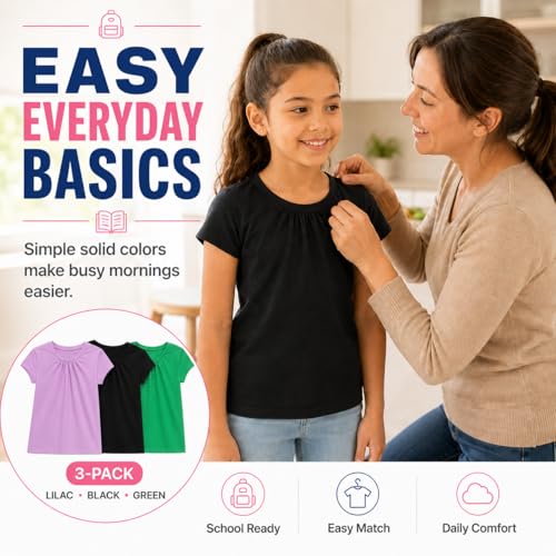 Image of Bienzoe Plain Solid Girls T-Shirts: School Basic Tee 3-Pack | Short Sleeve, Ages 4-13, PE, Recess, Outdoor Play, Soft Cotton Blend, Breathable Quick-Dry, Easy Care, Easy to Mix and Match