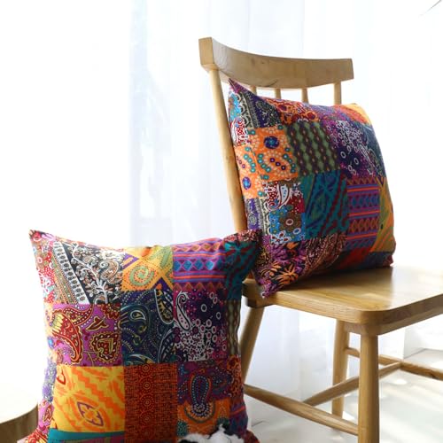 Umimiss Boho Cushion Covers - 2PCS Multicolor Patchwork Cushion Covers, Ethnic Cotton & Linen, 45 x 45 cm, Living Room Decor