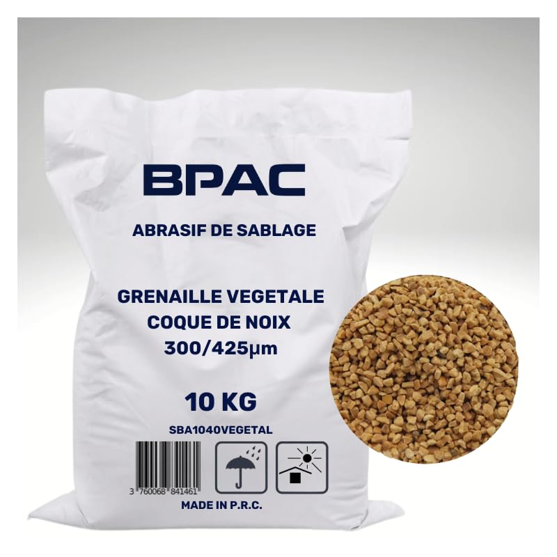BPAC Abrasif Grenaille Végétale - 300 à 425 microns - Sac 10 KG - Abrasif Doux pour Sablage Aérogommeuse