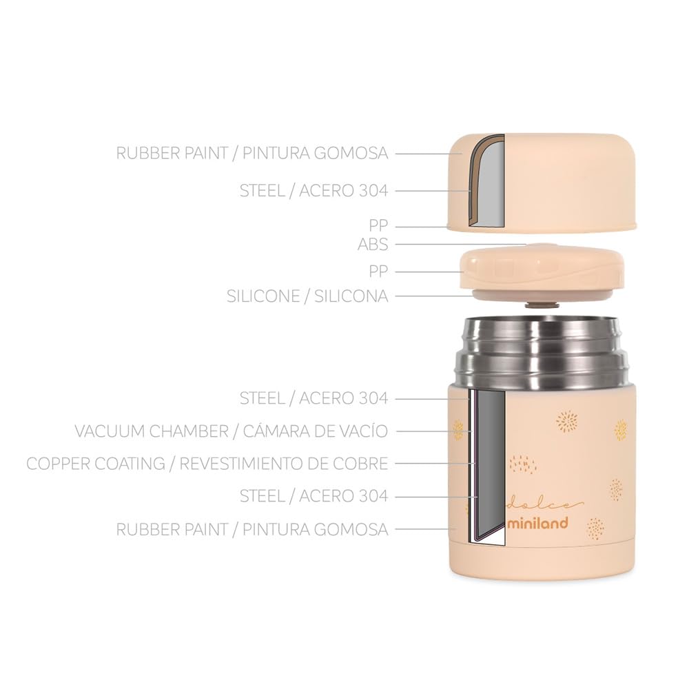 Miniland Termo Bebé para Comidas 600ml, +12h Frío y Calor | Vanilla | Contenedor de Acero Inoxidable y Aislamiento de Doble Pared, Cierre Hermético para Papillas, Pure y Comidas Fuera de Casa