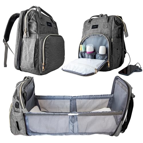 LRG Corporate Mochila Portapañales con Cuna y Cambiador Desmontable Y Mosquitera - Mochila con tiras para carro bebes - Multifuncional - Incluye Caja de Regalo Personalizada (Gris puro)