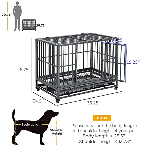 Pawhut 36" Heavy Duty Dog Crate Metal Cage Kennel With Lockable Wheels, Double Door And Removable Tray, Grey #TOP2