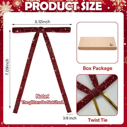 Image of 24 PCS Velvet Bows Christmas Ornaments Decorations, Sparkly Glittery Burgundy Velvet Bows Ornaments for Christmas Tree, Unique Elegant Xmas Home Holiday Decor for Tree Mantle Wreath Gift Wrap