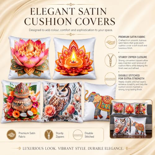 Image of Decorative Satin Cushion Covers Set of 5, 24 Inch x 24 Inch, Multicolor Realistic Traditional Motif Design, Lotus Diya Kalash Owl Elephant Digital Print, Zipper Closure (Anmol, 24X24 Inches)