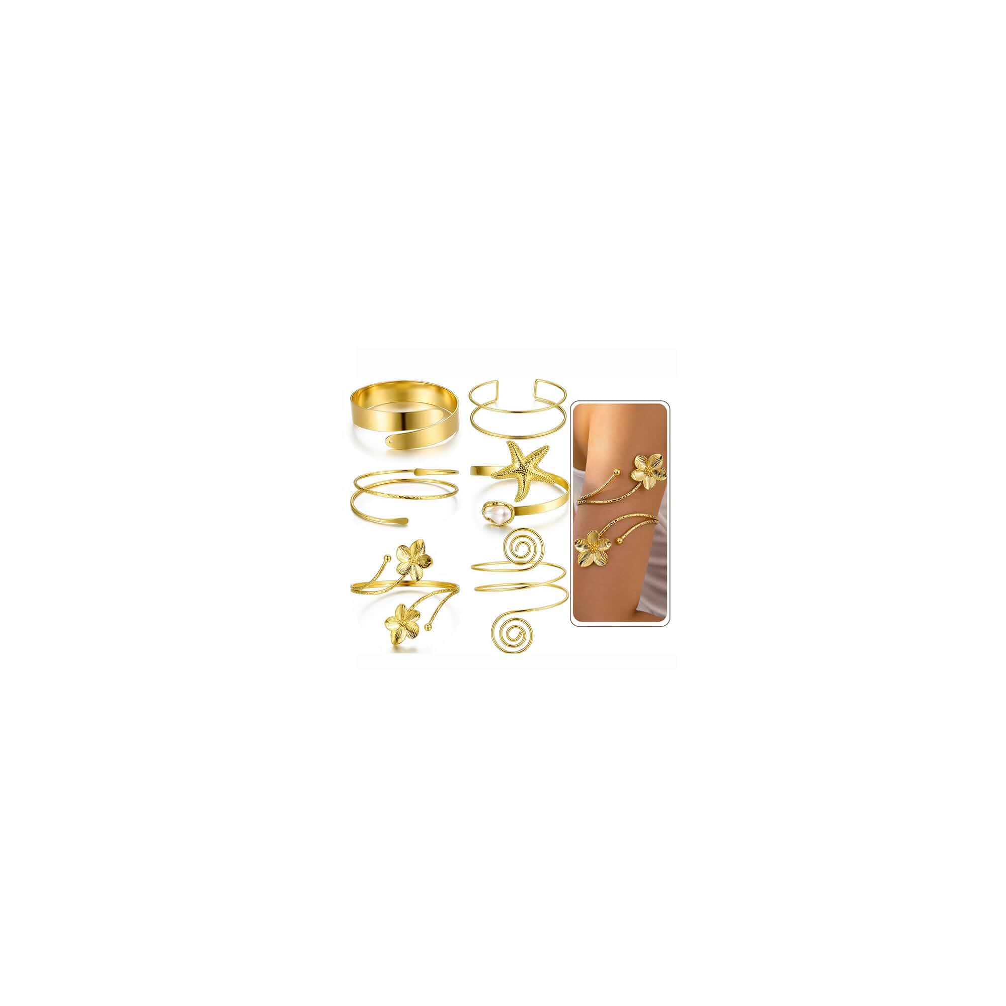 6PCS Gold Arm Cuff Bracelets for Women, Boho Statement Gold Upper Arm Bangle Band Armlet, Open Adjustable Cuff Bracelet set Stackable Jewelry