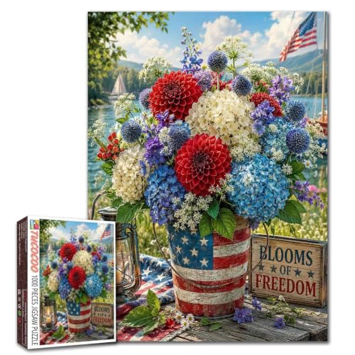 Patriotic Floral Jigsaw Puzzles 1000 Pieces for Adults, Family(Red White Blue Flowers，4th of July,American Flag) Pieces Fit Together Perfectly 19.7''x27.6''inch Frameable Blooms of Freedom Puzzle Art